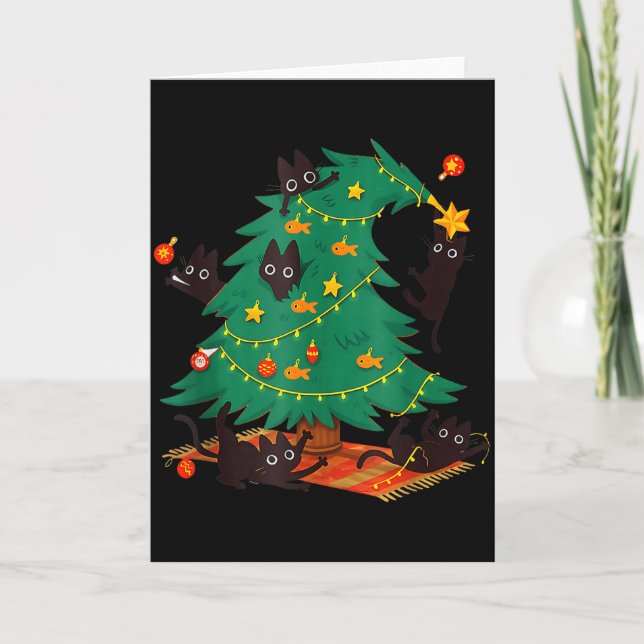 Funny Black Cat Christmas Tree  Kort (Framsida)