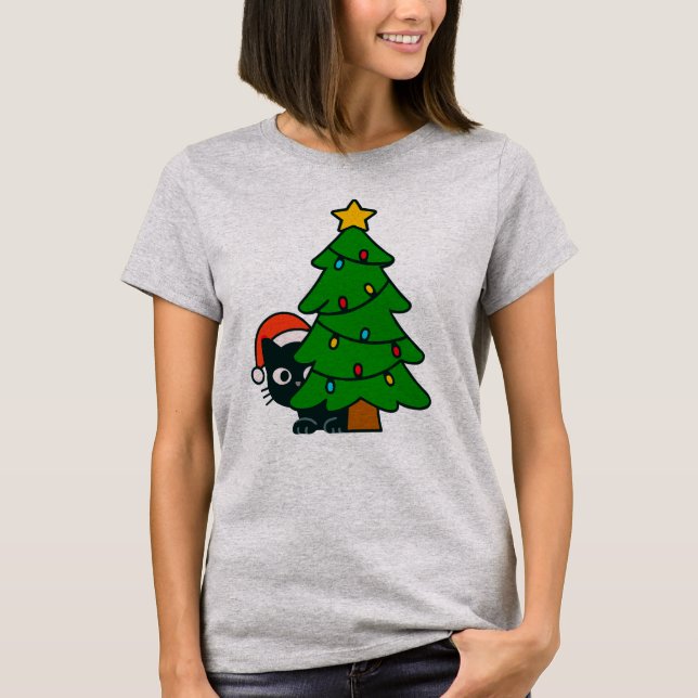 Funny Black Cat Christmas Tree Lights Kitty Xmas T Shirt (Framsida)
