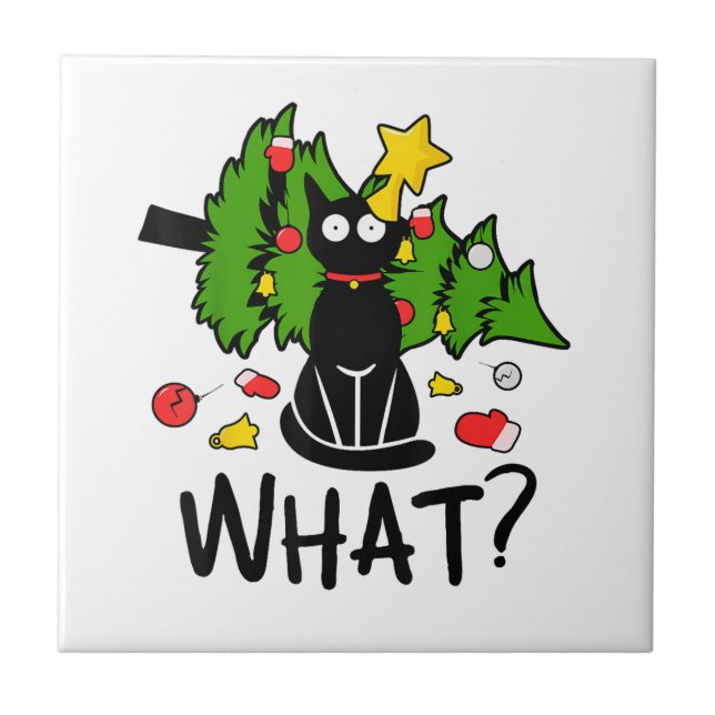 Funny Black Cat Christmas Tree Merry Santa Humor C Kakelplatta (Framsidan)