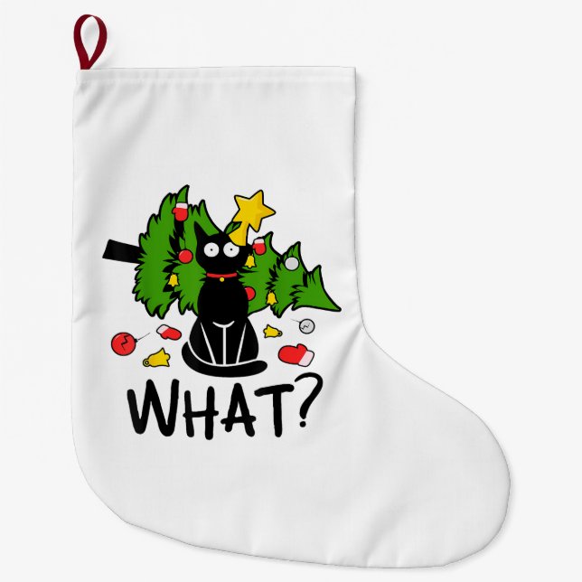 Funny Black Cat Christmas Tree Merry Santa Humor C Stor Julstrumpa (Framsidan)