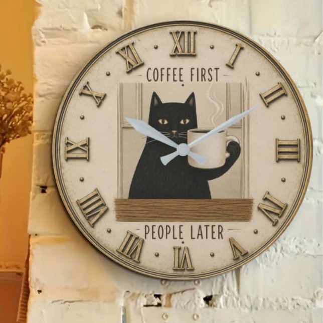 Funny Black Cat Coffee First People Later Cat Love Stor Klocka (Skapare uppladdad)