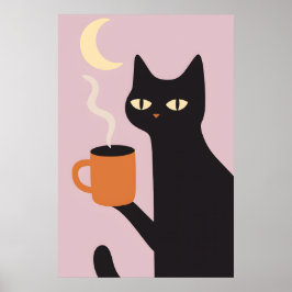 Funny Black Cat Coffee Moon Poster