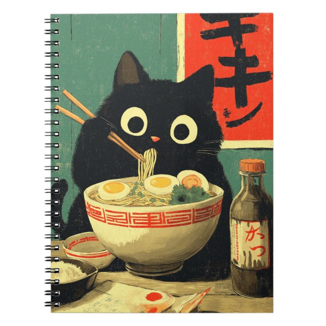 Funny Black Cat Eating Ramen Anteckningsbok (Framsidan)