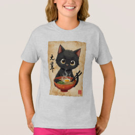 Funny Black Cat Eating Ramen Cute Japansk Kawaii T Shirt