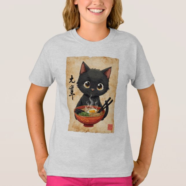 Funny Black Cat Eating Ramen Cute Japansk Kawaii T Shirt (Framsida)