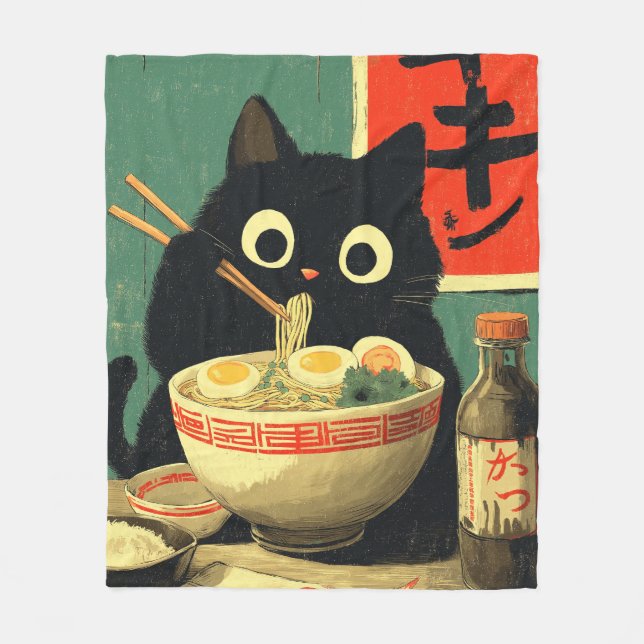 Funny Black Cat Eating Ramen Fleecefilt (Framsidan)