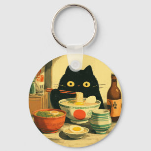 Funny Black Cat Eating Ramen Japansk Vintage Nyckelring