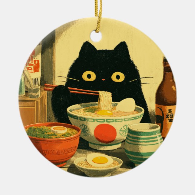 Funny Black Cat Eating Ramen Julgransprydnad Keramik (Framsidan)