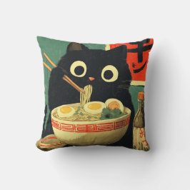 Funny Black Cat Eating Ramen Kudde