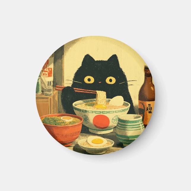Funny Black Cat Eating Ramen Magnet (Framsidan)