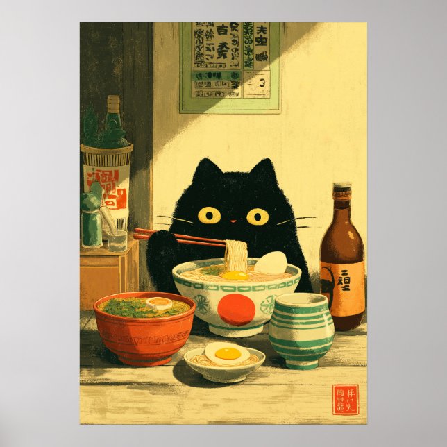 Funny Black Cat Eating Ramen Poster (Framsidan)
