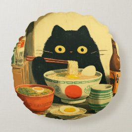 Funny Black Cat Eating Ramen Rund Kudde