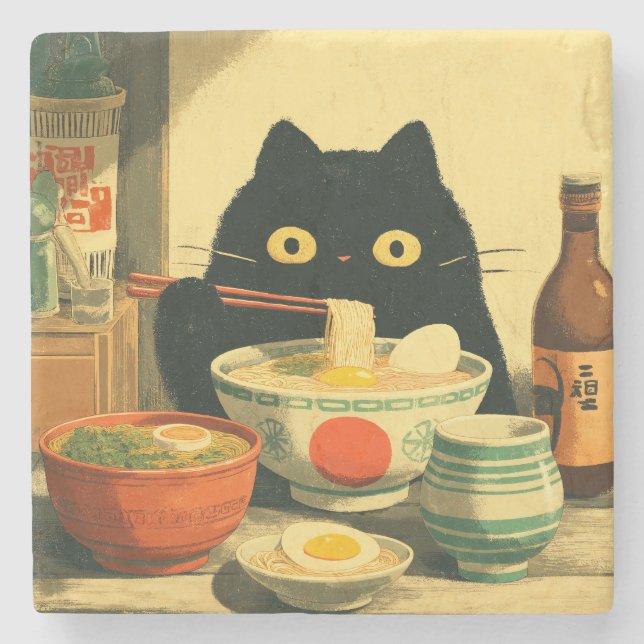 Funny Black Cat Eating Ramen Stenunderlägg (Framsidan)