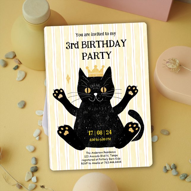 Funny Black Cat Födelsedagsfest inbjudan (Funny Black Cat Birthday Party Invitation)