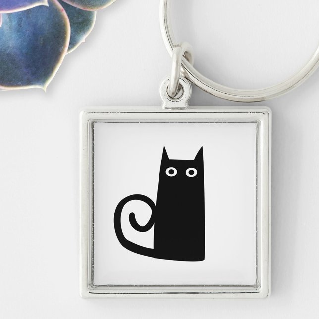 Funny Black Cat Fyrkantig Silverfärgad Nyckelring (Fun Black Cat keychain)