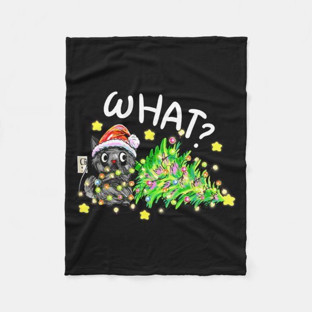 Funny Black Cat Gift Pushing Christmas Tree Over C Fleecefilt (Framsidan)