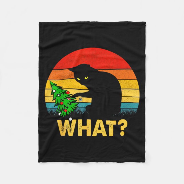 Funny Black Cat Gift Pushing Christmas Tree Over C Fleecefilt (Framsidan)