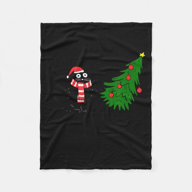 Funny Black Cat Gift Pushing Christmas Tree Over C Fleecefilt (Framsidan)