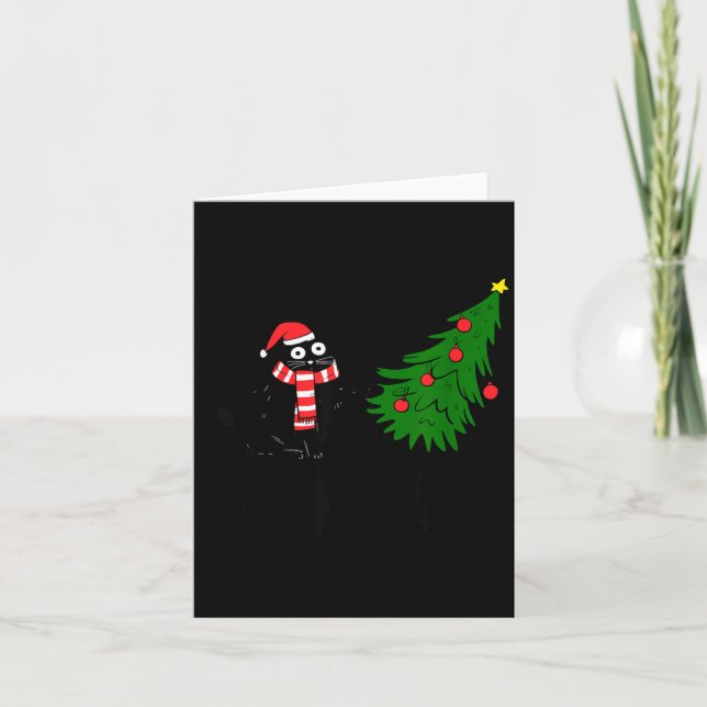 Funny Black Cat Gift Pushing Christmas Tree Over C Kort (Framsida)