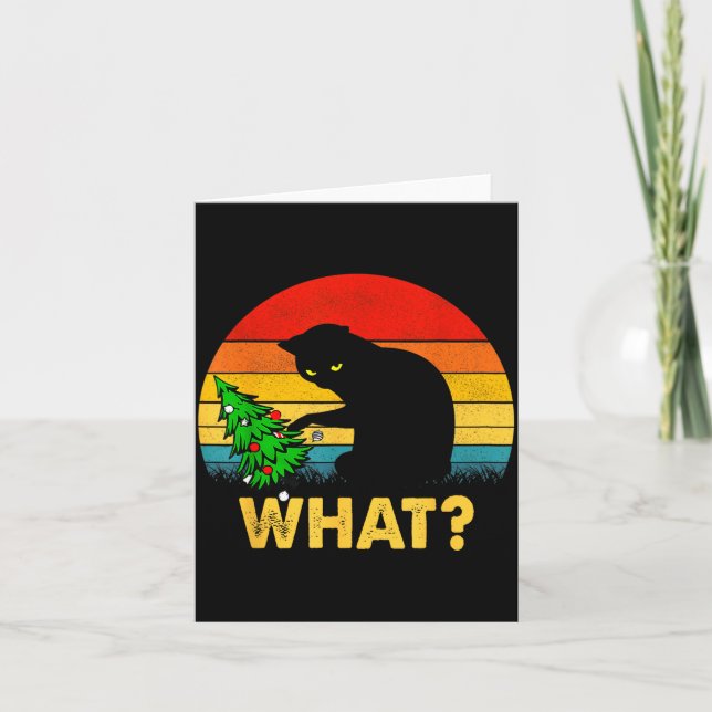 Funny Black Cat Gift Pushing Christmas Tree Over C Kort (Framsida)