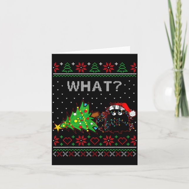 Funny Black Cat Gift Pushing Christmas Tree Over C Kort (Framsida)
