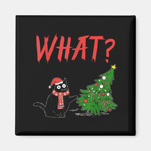 Funny Black Cat Gift Pushing Christmas Tree Over C Magnet (Framsidan)