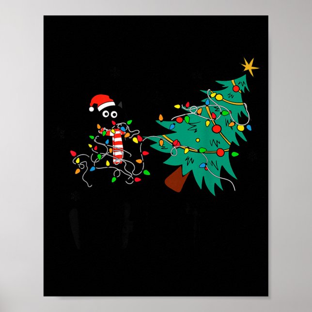 Funny Black Cat Gift Pushing Christmas Tree Over C Poster (Framsidan)