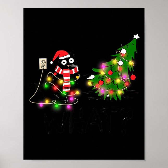 Funny Black Cat Gift Pushing Christmas Tree Over C Poster (Framsidan)