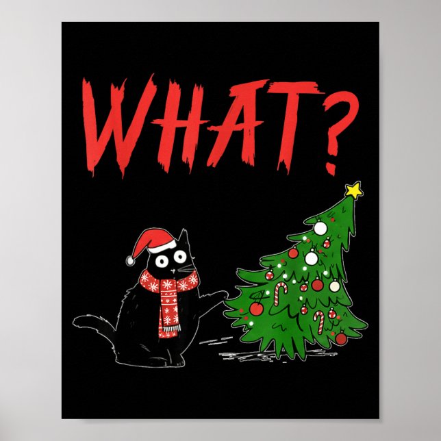 Funny Black Cat Gift Pushing Christmas Tree Over C Poster (Framsidan)
