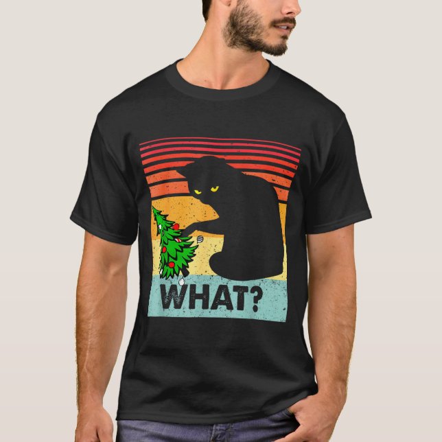 Funny Black Cat Gift Pushing Christmas Tree Over C T Shirt (Framsida)