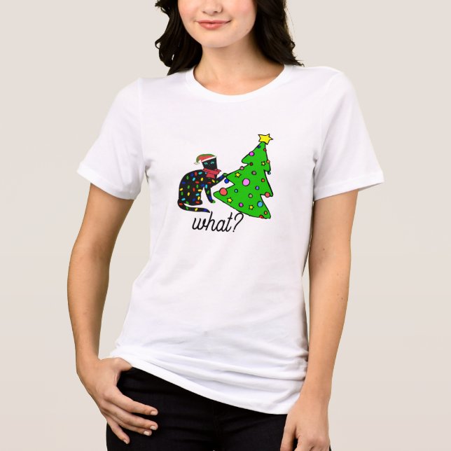 Funny Black Cat Gift Pushing Christmas Tree Over T Shirt (Framsida)