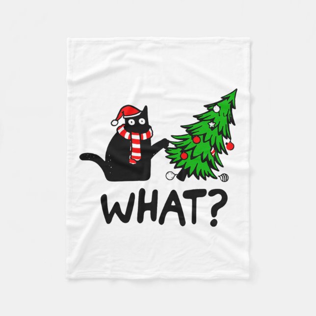 Funny Black Cat Gift Pushing Julgran over C Fleecefilt (Framsidan)