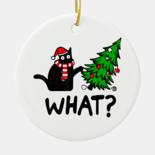 Funny Black Cat Gift Pushing Julgran over C Julgransprydnad Keramik