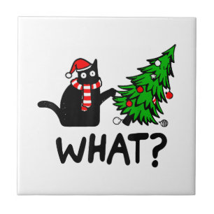 Funny Black Cat Gift Pushing Julgran over C Kakelplatta
