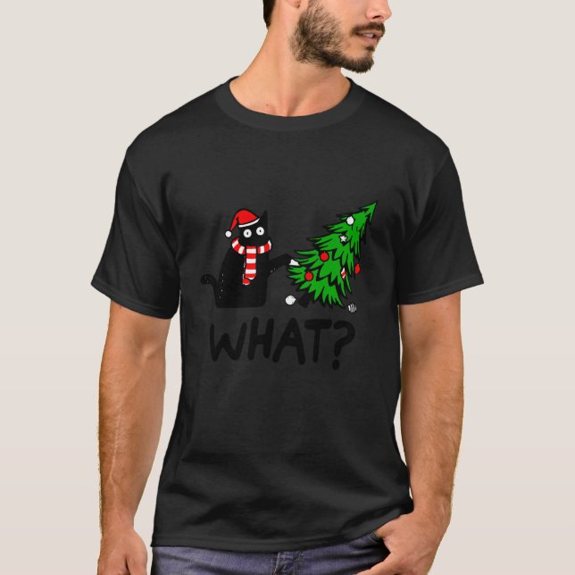 Funny Black Cat Gift Pushing Julgran over C T Shirt (Framsida)