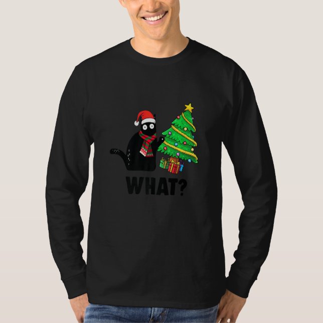 Funny Black Cat Gift Pushing Julgran over C T Shirt (Framsida)