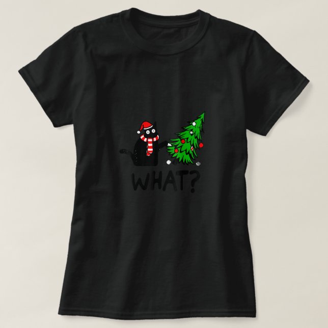 Funny Black Cat Gift Pushing Julgran over C T Shirt (Design framsida)