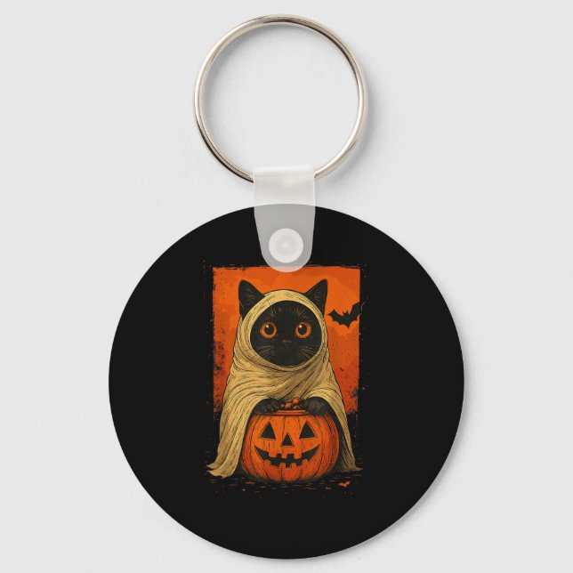 Funny Black Cat Halloween Pumpkin Spooky Ghost Cos Nyckelring (Framsida)