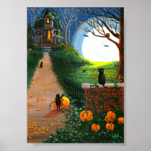 Funny Black Cat Haunted House Träd Creationarts Poster