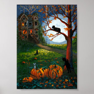 Funny Black Cat Haunted House Träd Creationarts Poster