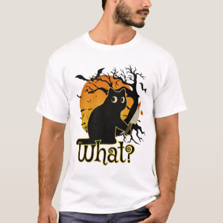 Funny Black Cat Holding Knife Halloween T Shirt