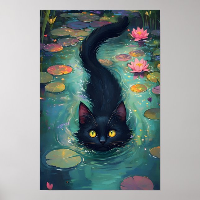Funny Black cat is swimming  Poster (Framsidan)