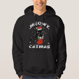 Funny Black Cat jul Ljus Merry Meowy Catma Hoodie