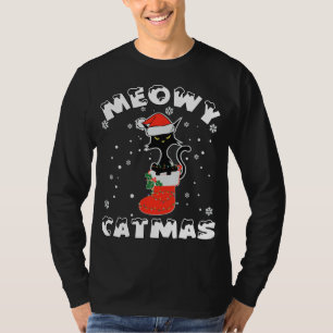 Funny Black Cat jul Ljus Merry Meowy Catma T Shirt