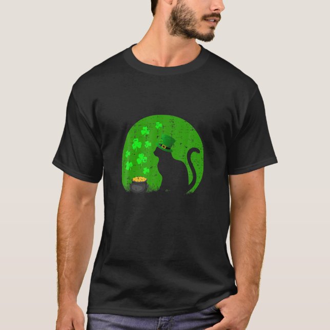 Funny Black Cat Leprechaun Hat Shamrock St Patrick T Shirt (Framsida)