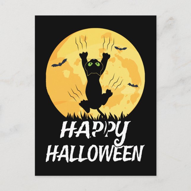 Funny Black Cat Måne Happy halloween Meddelande Vykort (Framsida)