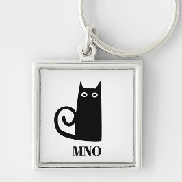 Funny Black Cat Monogram Fyrkantig Silverfärgad Nyckelring