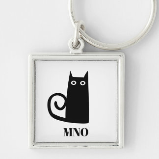 Funny Black Cat Monogram Fyrkantig Silverfärgad Nyckelring
