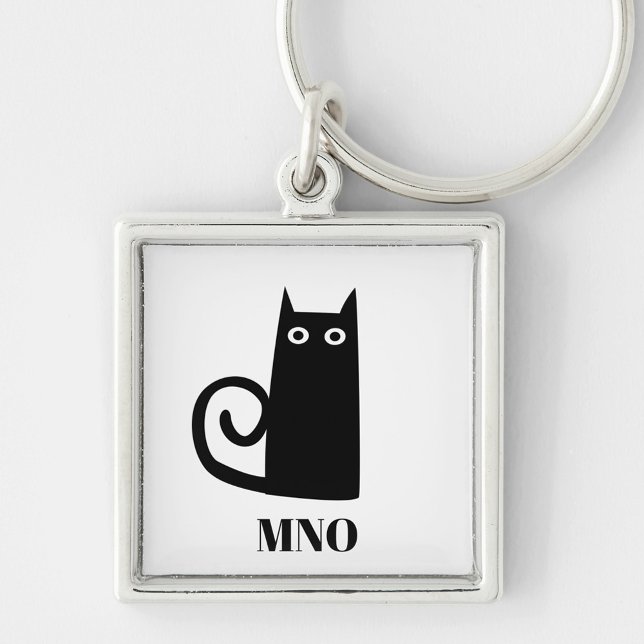Funny Black Cat Monogram Fyrkantig Silverfärgad Nyckelring (Monogram fun kitty cat keyring)