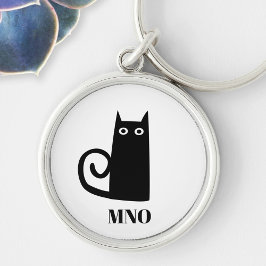 Funny Black Cat Monogram Rund Silverfärgad Nyckelring